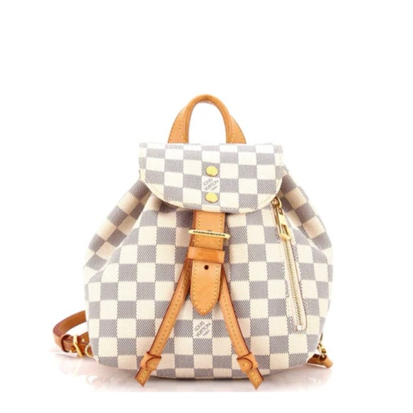 Tan and White Checkered Backpack with Leather Trim - Picture 1 of 3